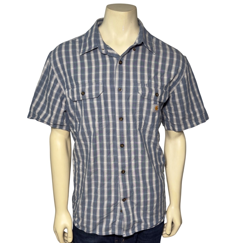 Carhartt Plaid Short Sleeve Shirt Mens‎ XL Blue Loose Fit Cotton Button Down